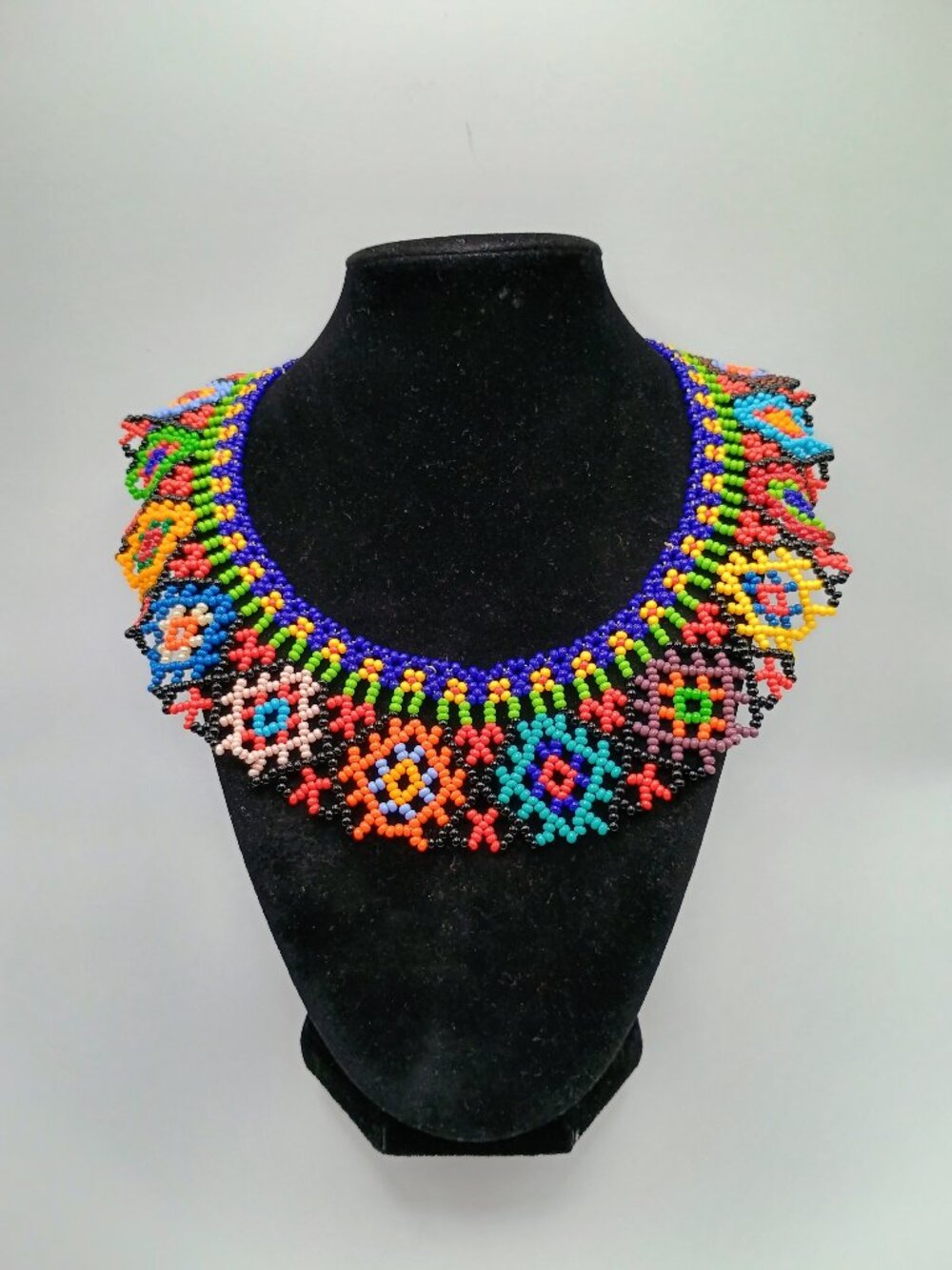 Handwoven Beaded Necklace, Geometric Multicolor Design, Craft